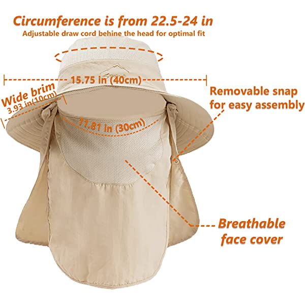 UPF 50+ Sun Fishing Hat for Men Women Wide Brim Hat with Detachable Face Cover & Neck Flap Khaki