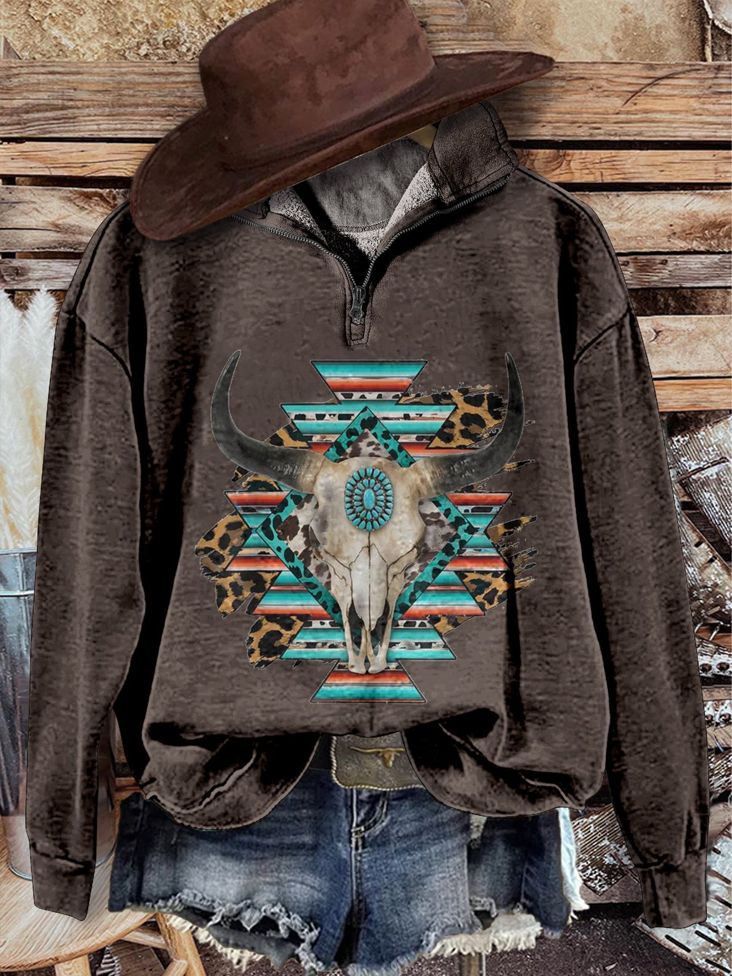 Brown Vintage Aztec Print Casual Long Sleeve Zip Sweatshirt