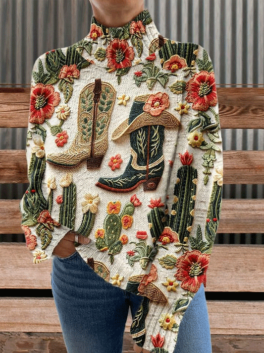 Western Print Knit Turtleneck Pullover Sweater