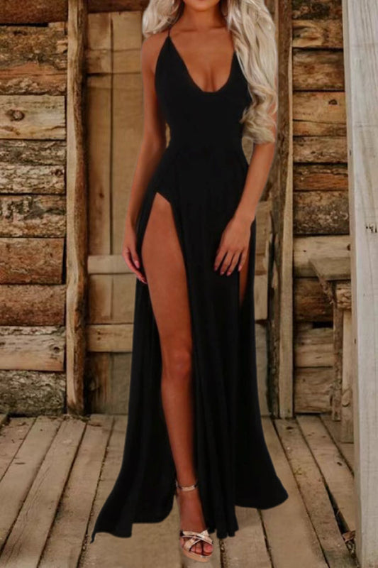 Black V-neck Deep Slit Sexy Dress