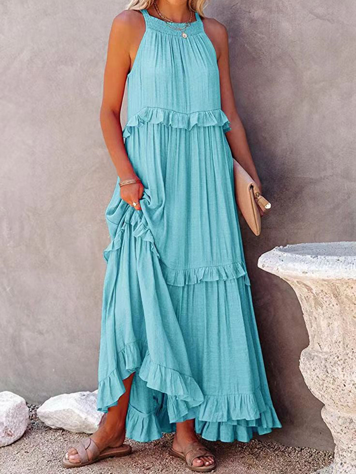 Casual Plain Ruffle Trim Smocking Sleeveless Maxi Dress