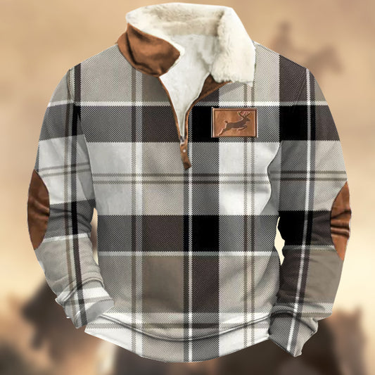 Men's Retro Check Print Elk Logo Zipper Fur Collar Sweatshirt