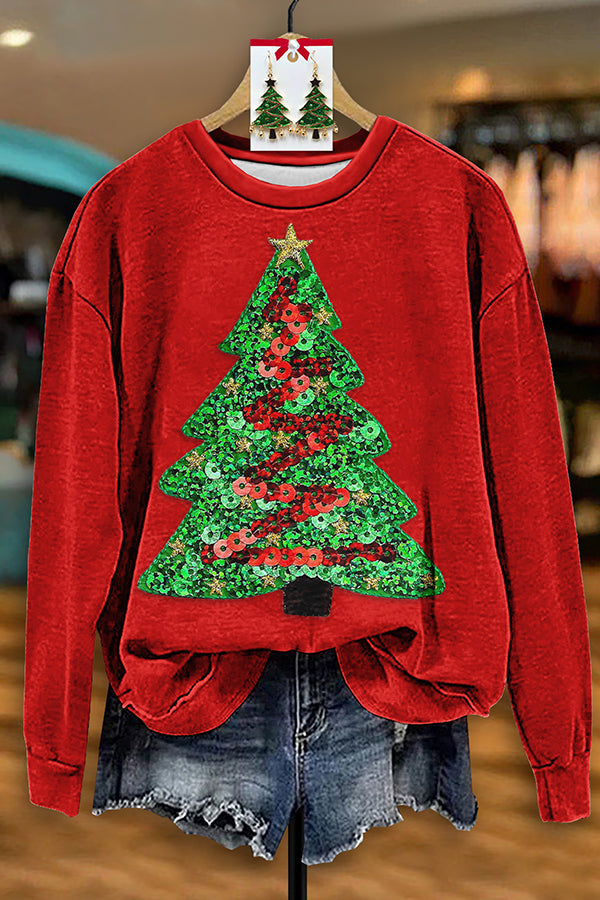 Pretty Sequined Christmas Tree Print Sweatshirt