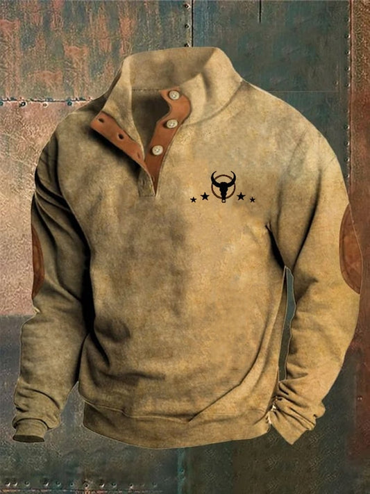 Men's Western Bull Head Print Stand Collar Button Sweatshirt