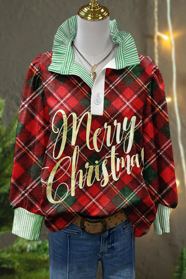 Cute Merry Christmas Plaid Print Puff Sleeve Blouse