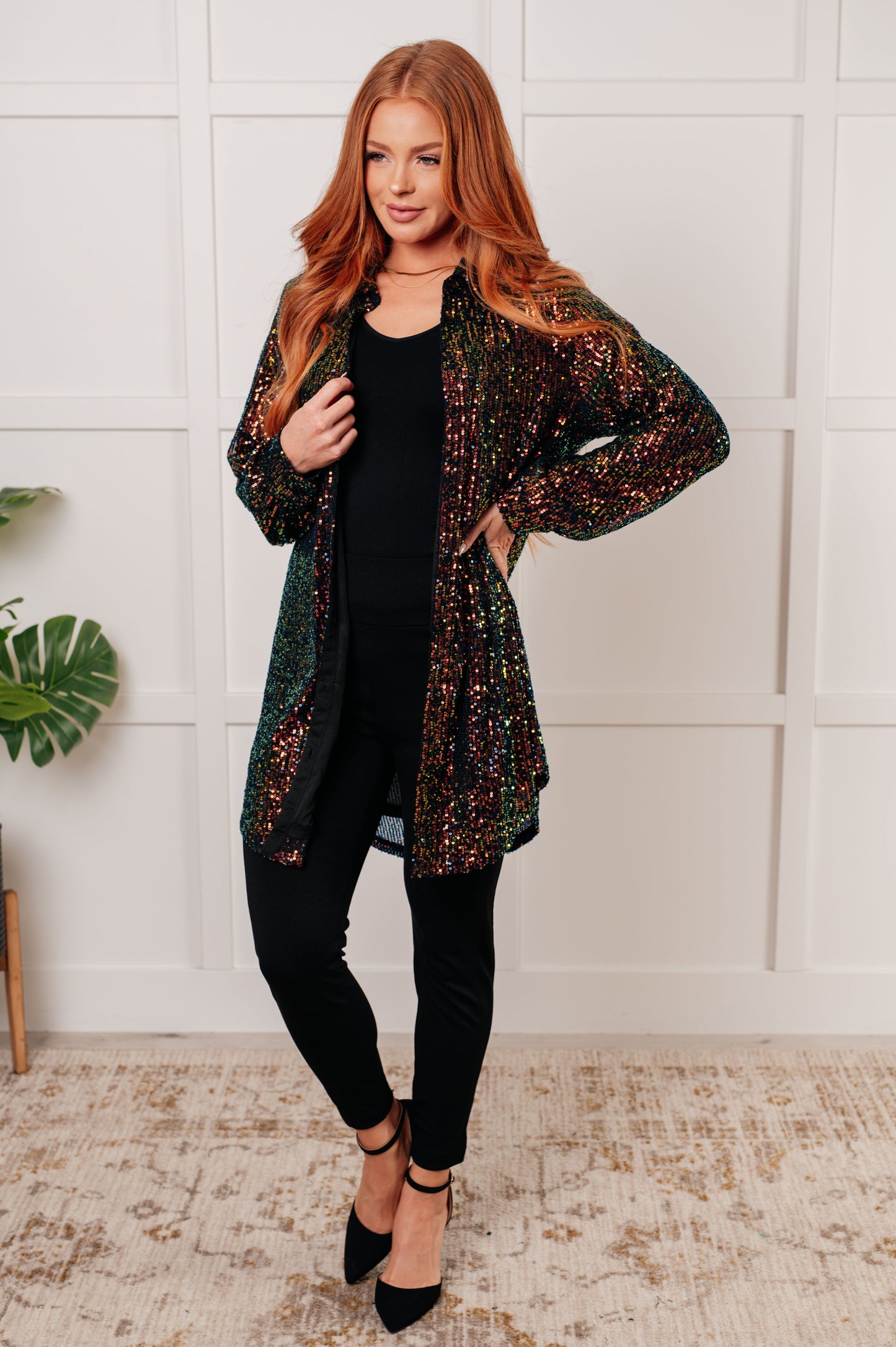 Shimmering Splendor Sequin Shirt Dress Duster