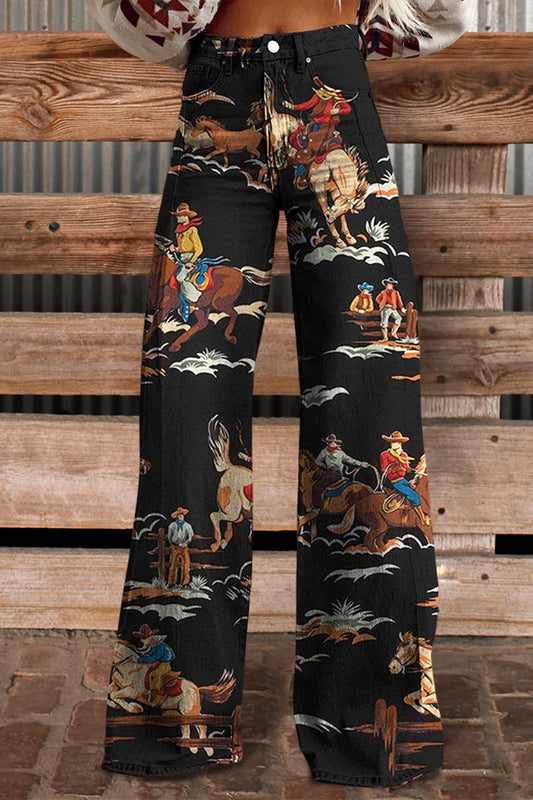 Vintage Western Print Flared Trousers