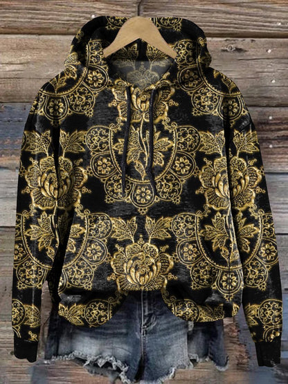 Retro Gold Floral Pattern Printed Casual Hoodie Sweatshirt