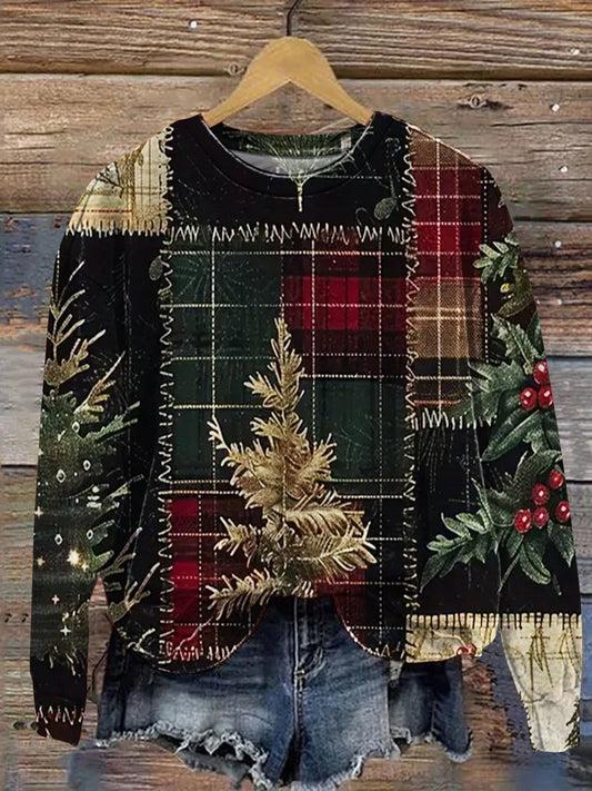 Vintage Christmas Patchwork Art Print Casual Sweatshirt