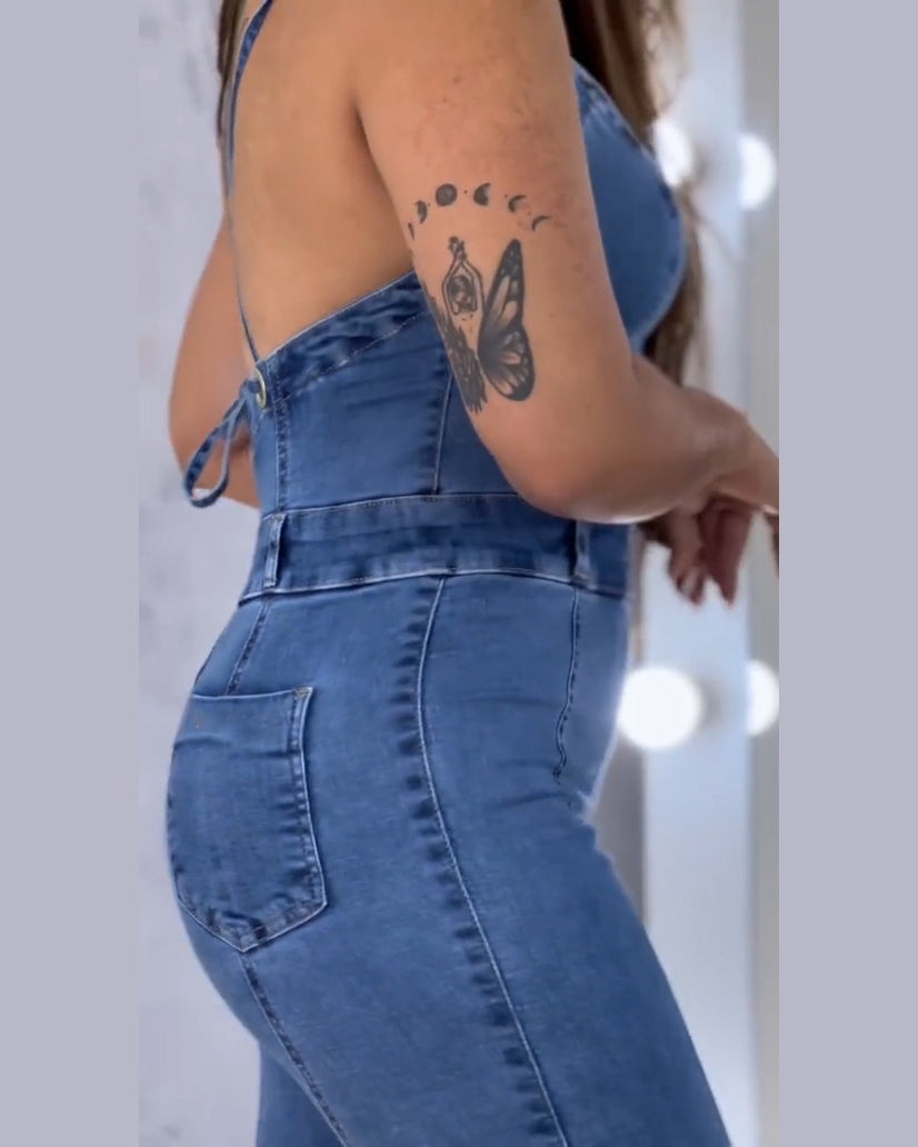 Denim Jumpsuit for Women Sexy Slim-Fit Halter Bandage Jeans Rompers