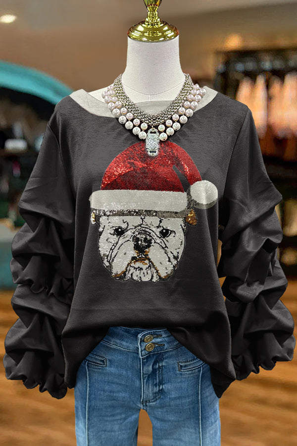 Shiny Christmas Gameday Bulldog Print Pleated Sweatshirt