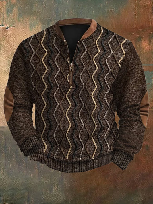 Men's Vintage Knit Print Zip-Up Sweatshirt