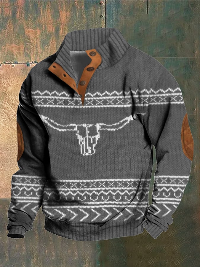 Men's Retro Western Knitted Print Stand Collar Sweatshirt