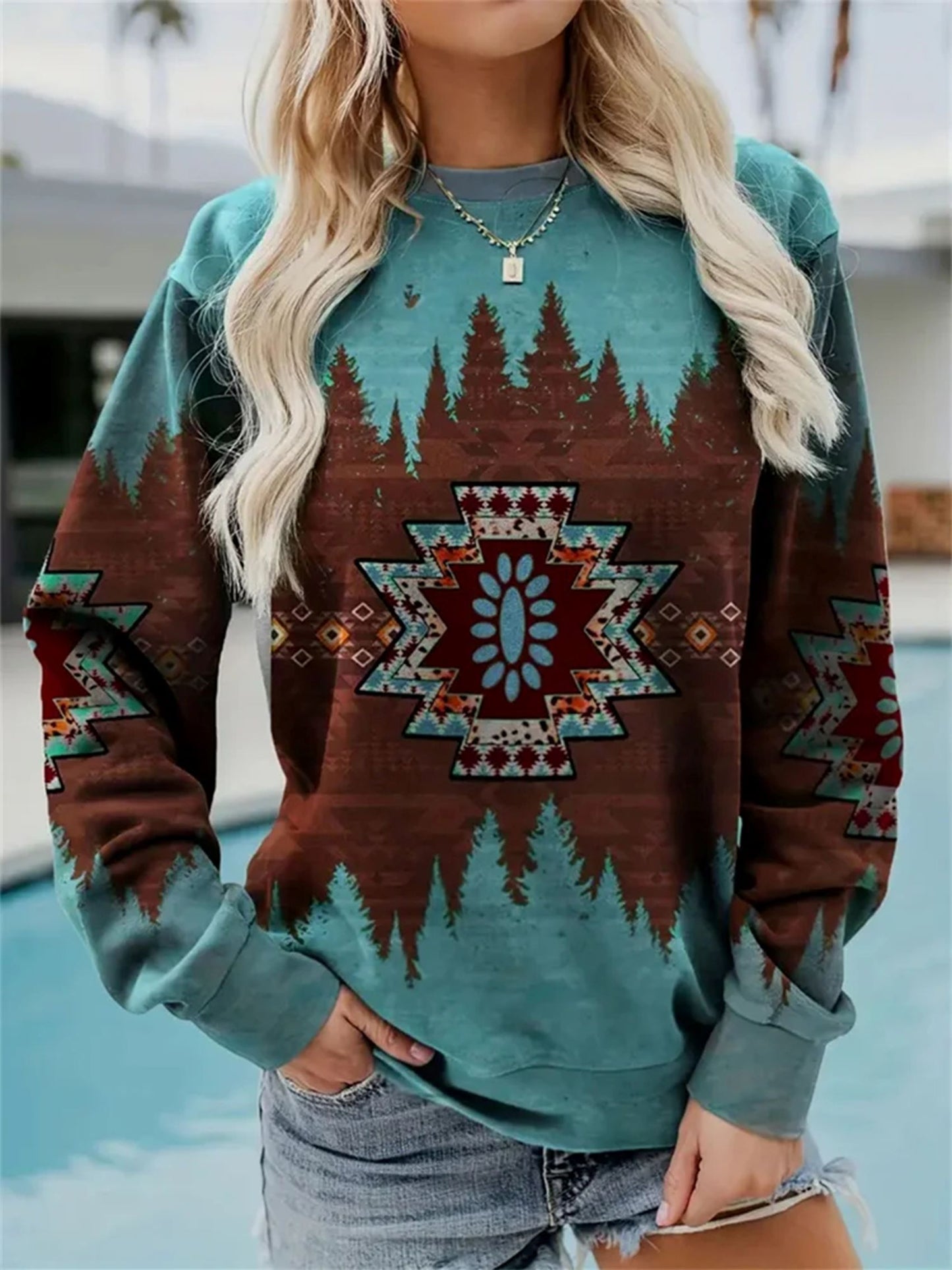 Cyan Retro Aztec Print Casual Sweatshirt