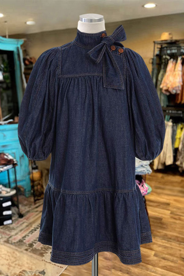 Ruffled Hem Bow Denim Dress