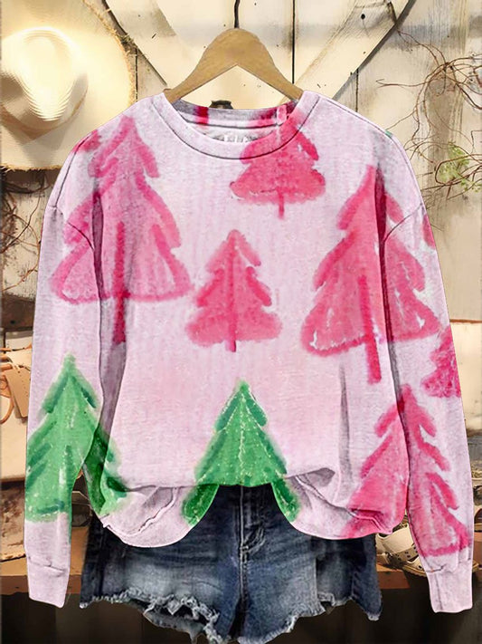 Pink Christmas Tree Pattern Art Casual Print Sweatshirt