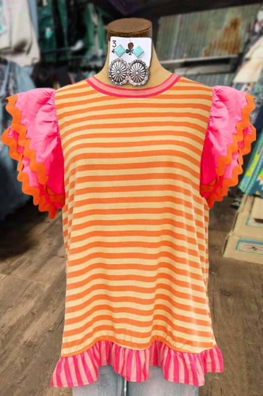 Colorful Striped Ruffle Sleeve Ric Rac Top