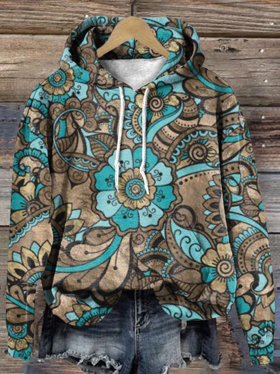 Retro Cyan Flowers Art Print Casual Hoodie Sweatshirt