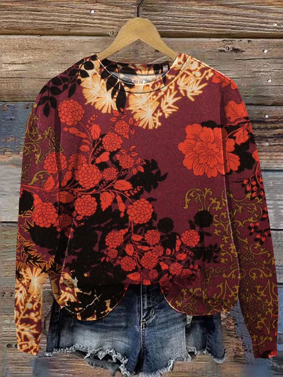 Vintage Floral Patchwork Art Print Casual Sweatshirt