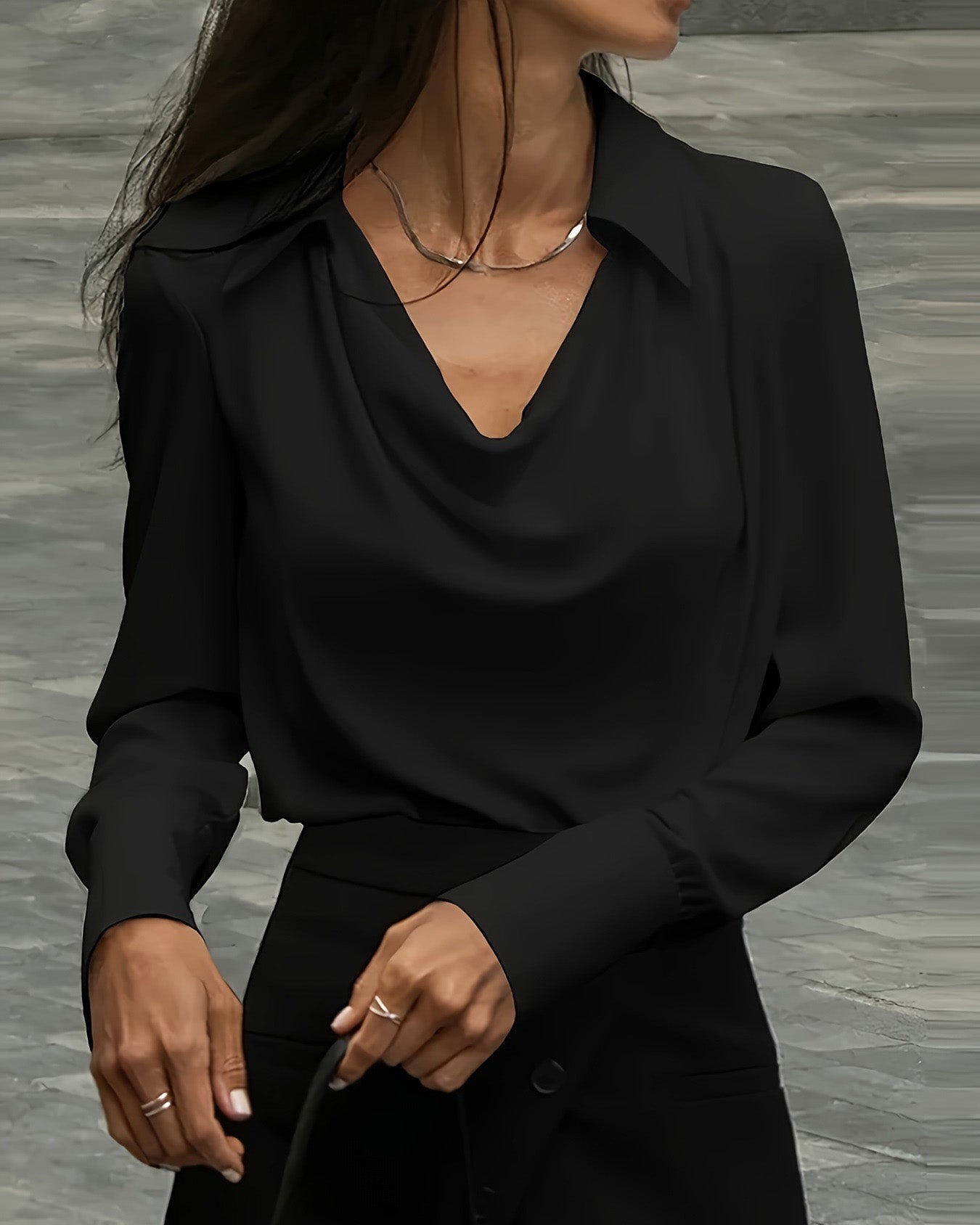 V-Neck Pleated Long Sleeve Blouse