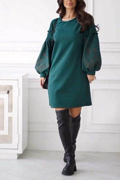 Women's Casual Round Neck Puff Sleeve Short Dress