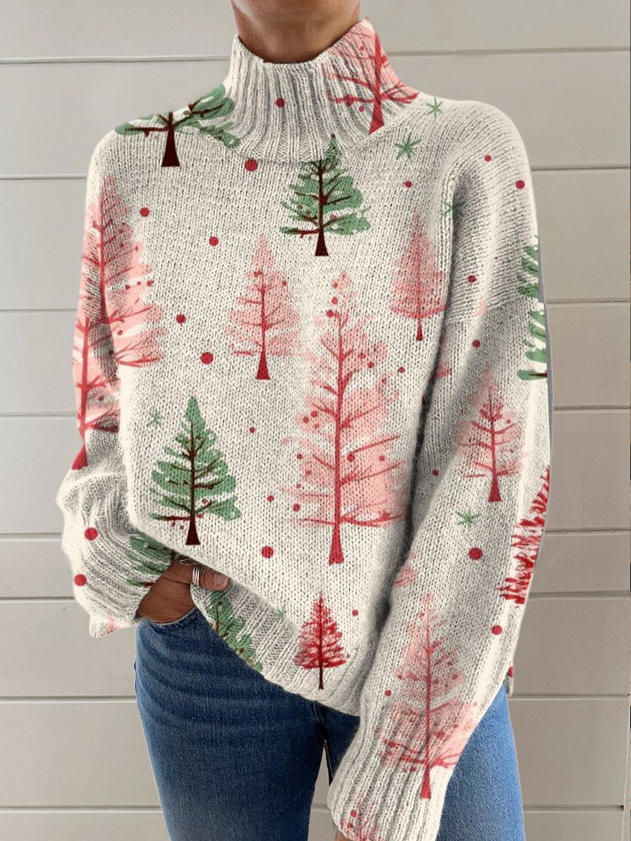 Christmas Tree Art Vintage Print Knit Turtleneck Pullover Sweater