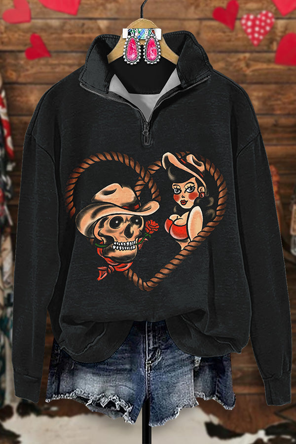 Retro Western Valentine's Day Print Zip-Up Sweatshirt