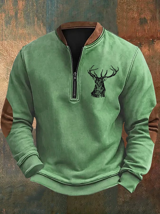 Men's Vintage Western Elk Print Zip-Up Sweatshirt