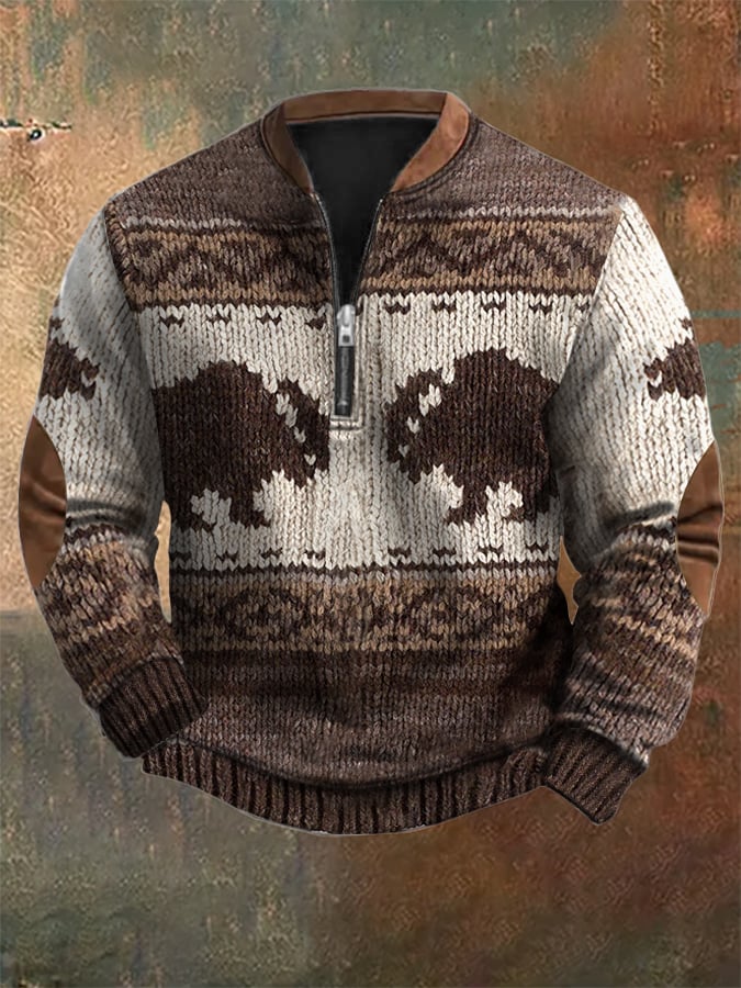 Men's Vintage Knit Print Zip-Up Sweatshirt