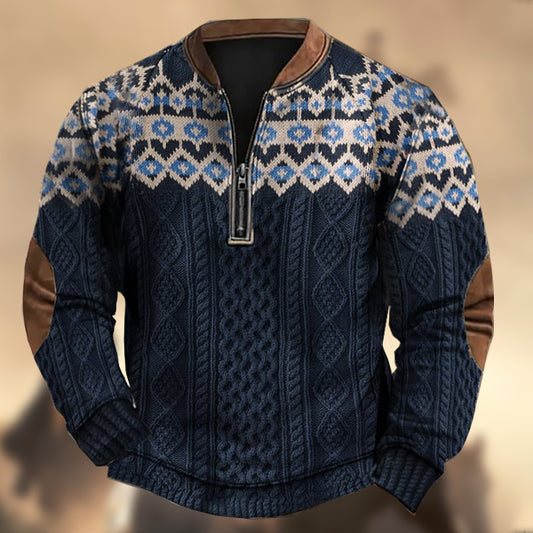 Men's Vintage Western Knit Print Zipper Stand Collar Casual Sweatshirt