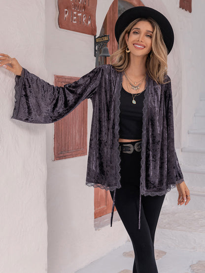 Velvety Tied Lace Detail Long Sleeve Cardigan