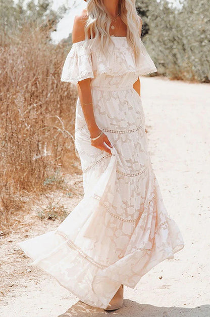 White Textured Off Shoulder Maxi Dress