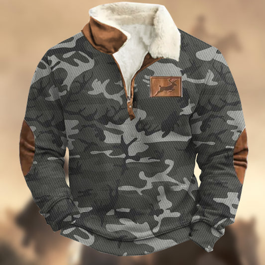 Men's Vintage Camouflage Print Elk Logo Zipper Fur Collar Sweatshirt