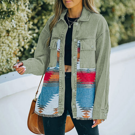 Tweed Patchwork Denim Jacket Women Long Sleeve Vintage AZTEC Ethnic Style