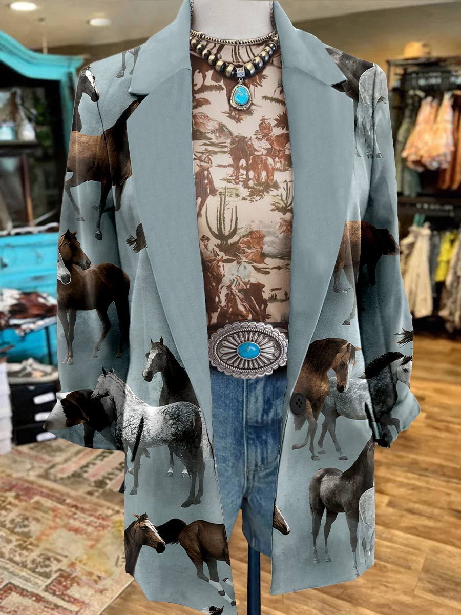 Women's Horse Art Print 3/4 Sleeve Casual Blazer