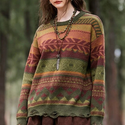 Round Neck Geometric Pattern Hole Knitted Long-sleeved Sweater