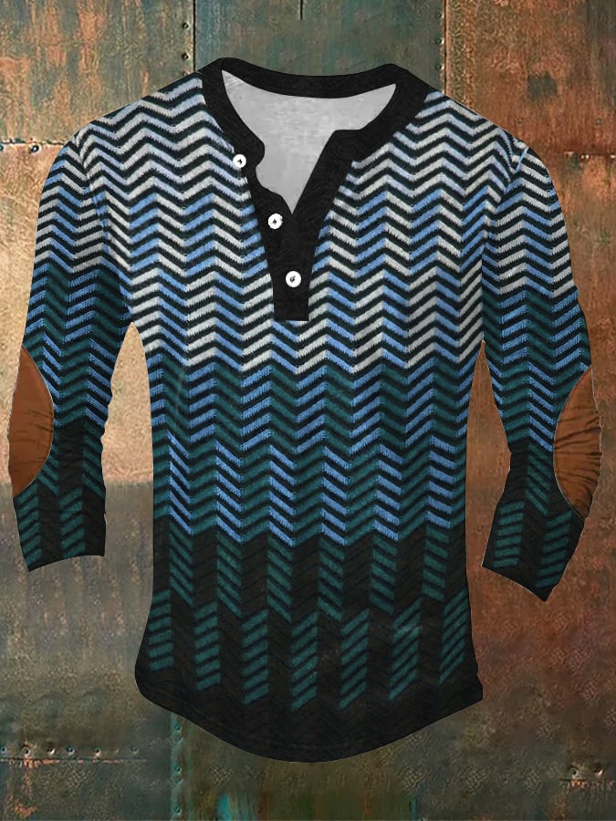 Men's Vintage Herringbone Western Print Long Sleeve Top