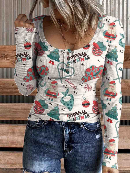 Women's Western Christmas Print Comfortable Cotton Henley Top