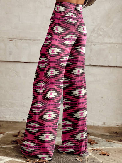 Women's Pink Aztac Geometry Print Casual Wide Leg Pants