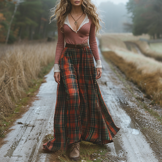 Women's Retro Plaid V-neck Long-sleeved Long Skirt Pastoral Style Dress