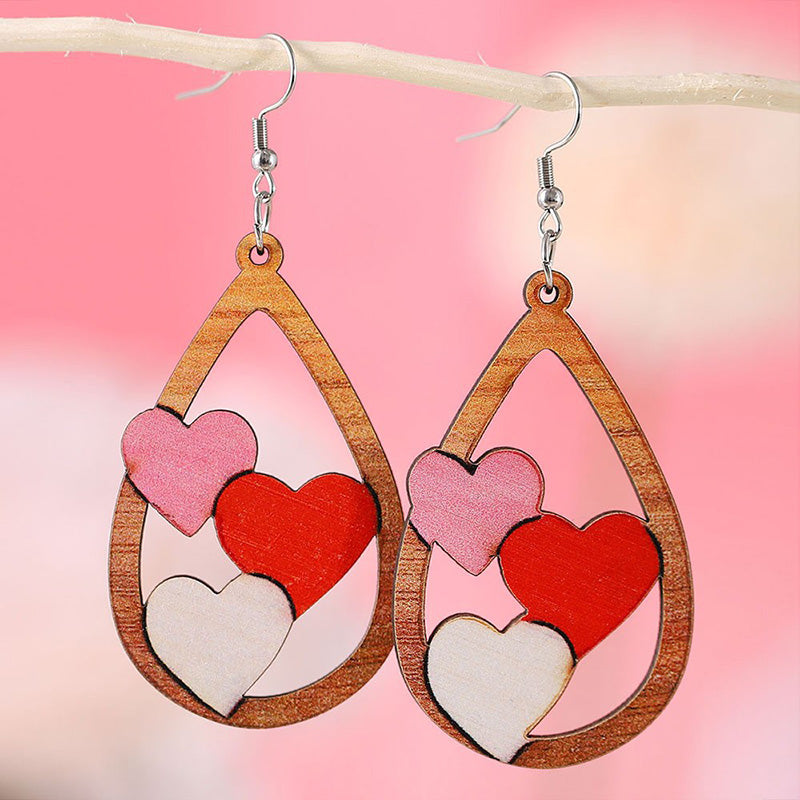 Valentine's Day Heart Patchwork Wooden Drop Earrings