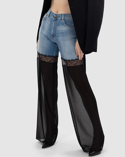 Mid-Waist Lace Stitching Sexy Denim Wide-Leg Pants