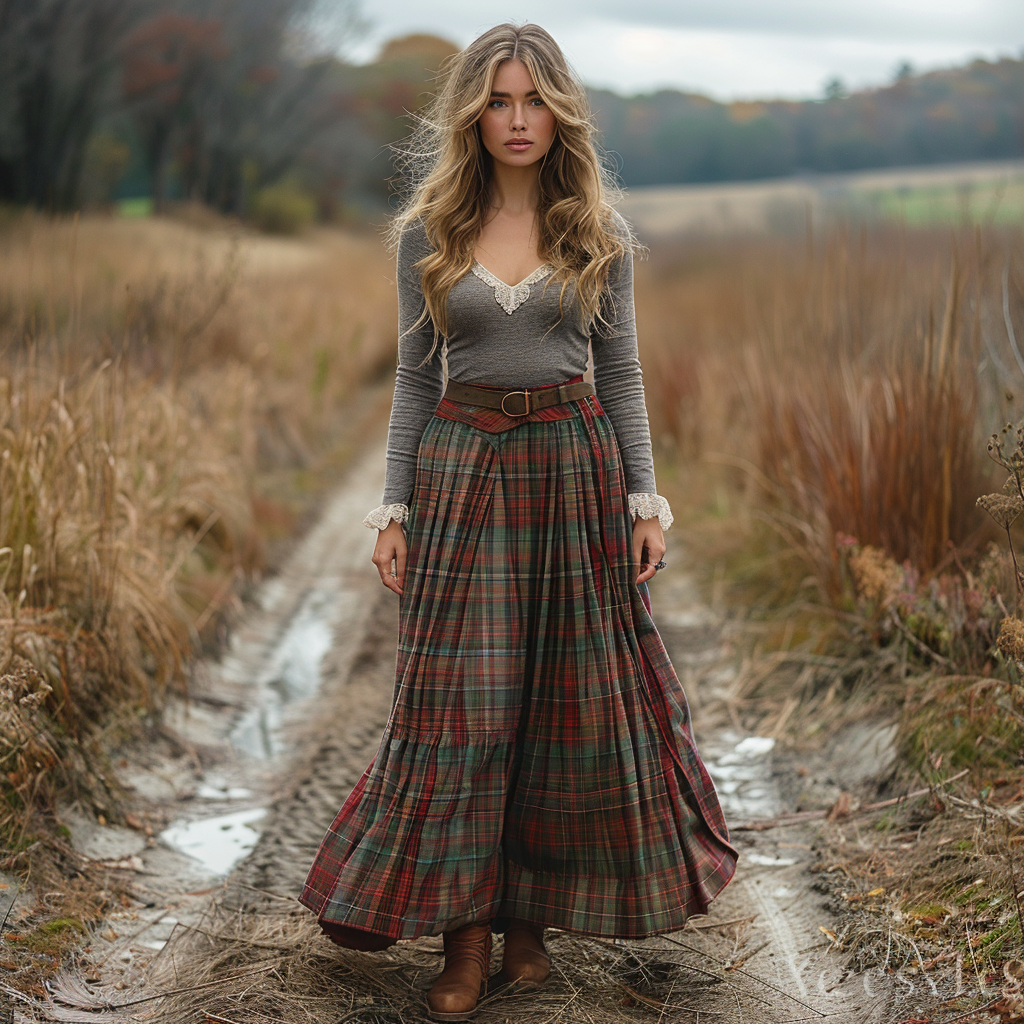 Women's Retro Plaid V-neck Long-sleeved Long Skirt Pastoral Style Dress