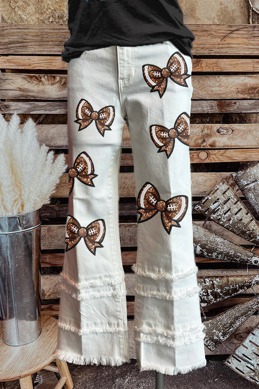 Football Bows Gameday Print Fringed Hem Pants