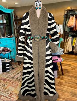 Women's Fashion Wild West Retro Cowboy Zebra Art Print Fur Patchwork Suede Long Afghan Coat