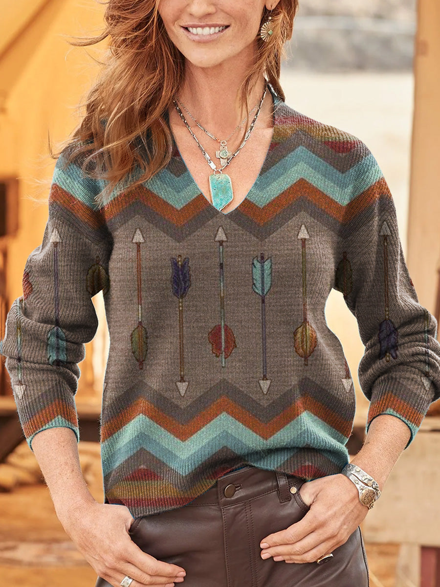 Women's Vintage Arrow Print V-neck Pullover Sweater