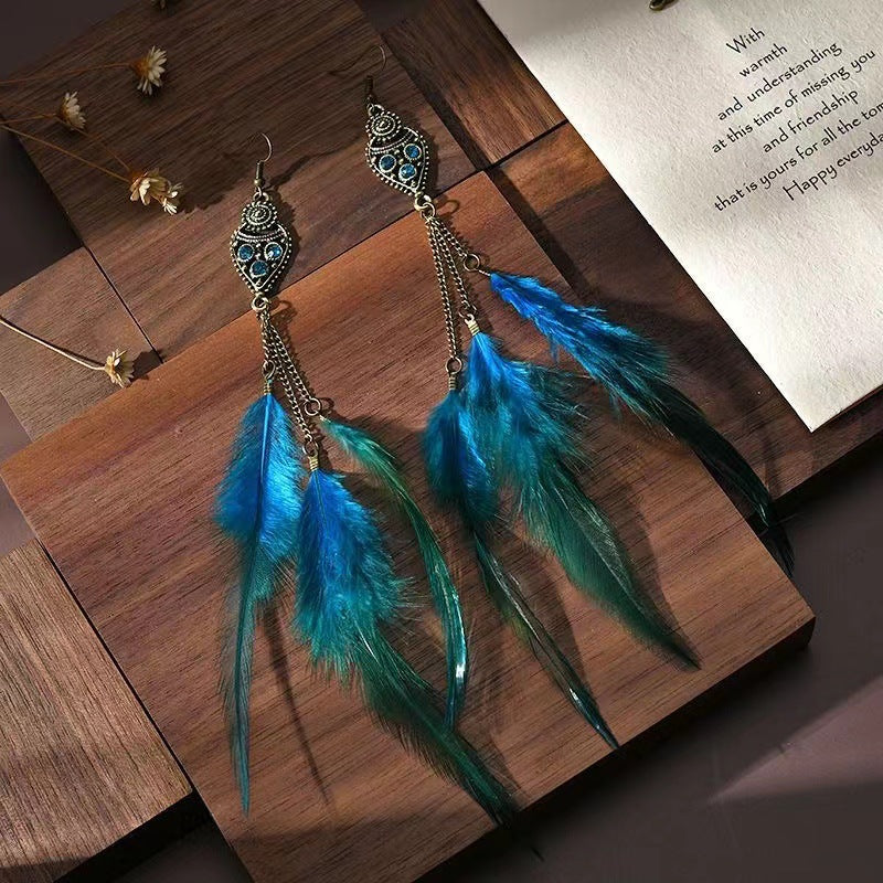 Bohemian Long Feather Tassel Handmade Earrings