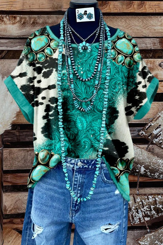 Turquoise Print Crew Neck Top