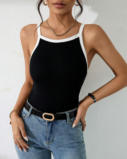 Stitched Contrasting Color High-Elastic Knitted Tank Top