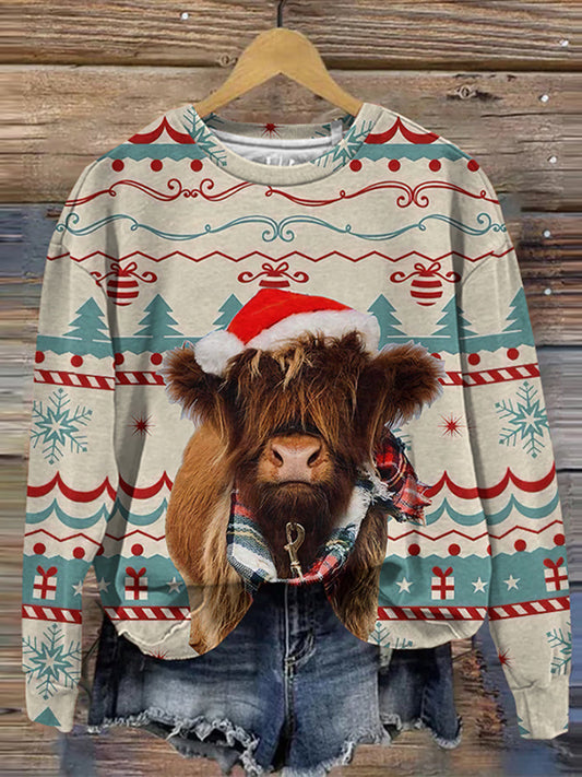 Vintage Highland Cow Christmas Print Casual Sweatshirt